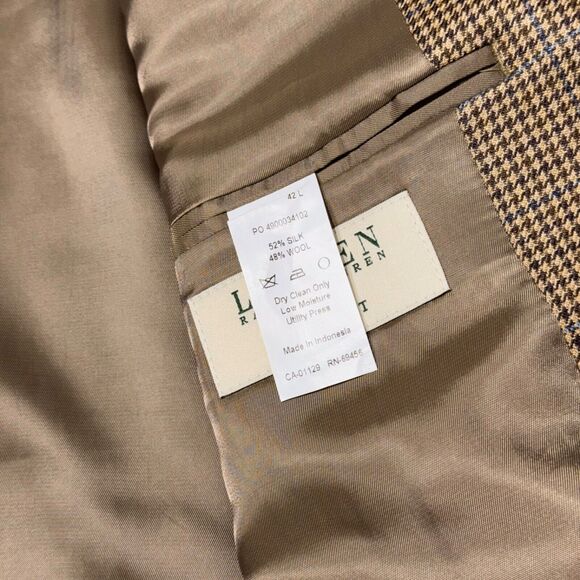 Lauren Ralph Lauren Men’s Beige Plaid Silk Wool Blazer Trim Fit Men’s Size 42L - Picture 10 of 10